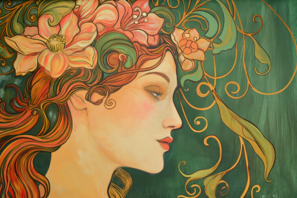 art nouveau female portrait with flowers, smooth flowing lines, natural motifs