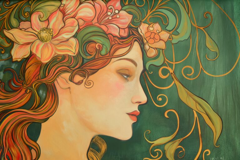 art nouveau female portrait with flowers, smooth flowing lines, natural motifs